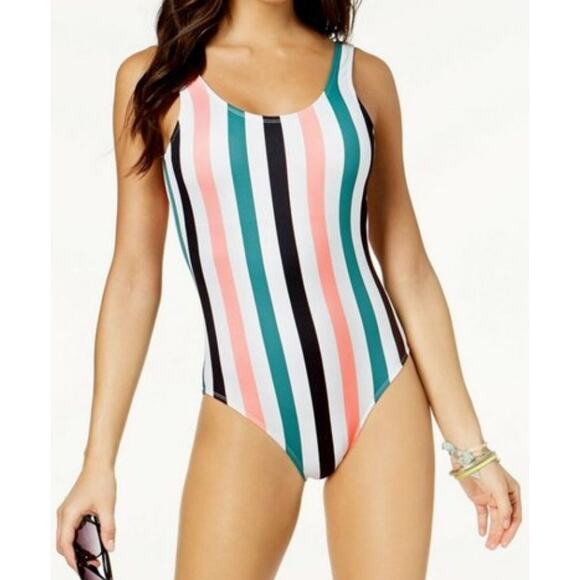 Hula Honey Striped One-Piece Swimsuit Green Black Pink & White XL NWT - Picture 1 of 4